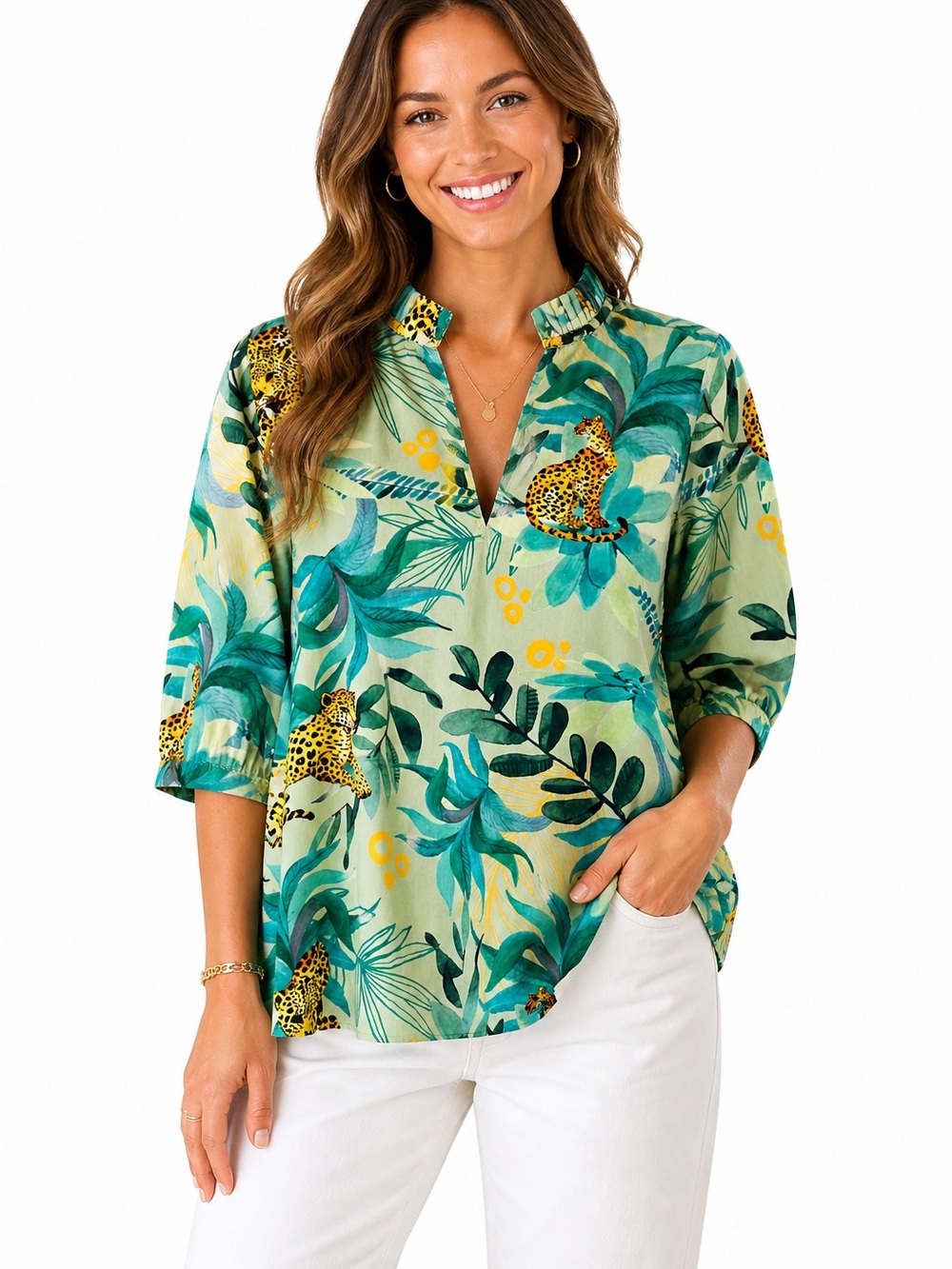 Amaya Tropical Leopard Print Blouse Green Cotton Resort Top S NWOT